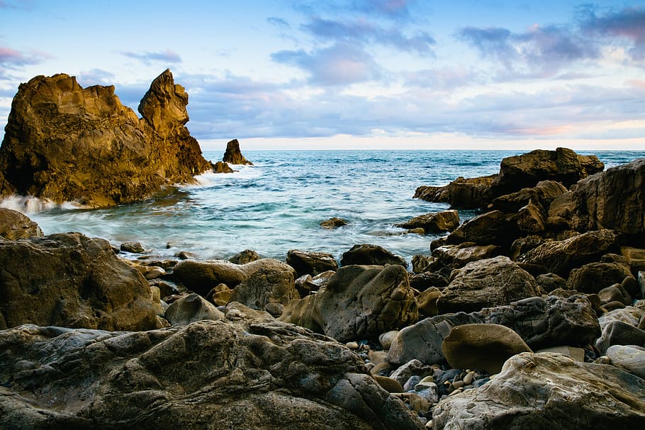 rock formation in sea at daytime, water, cloud, ocean, shore HD wallpaper