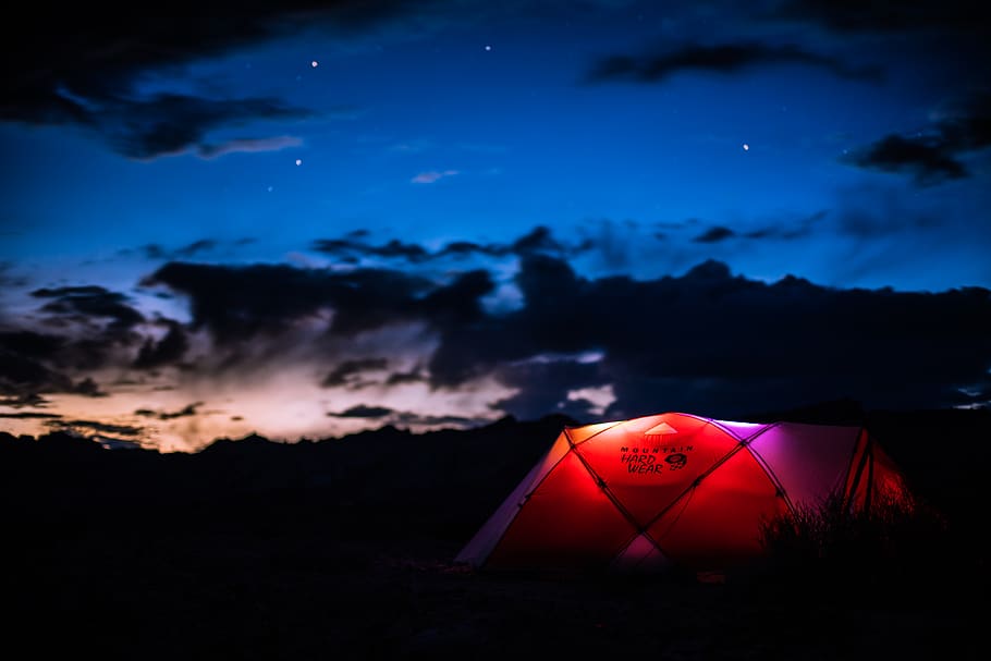 red tent with light, sky, cloud - sky, night, nature, beauty in nature HD wallpaper