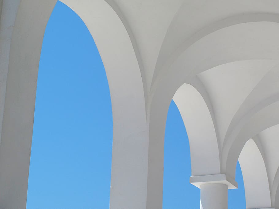 white concrete building view, architecture, arched, greece, vault ceiling, HD wallpaper