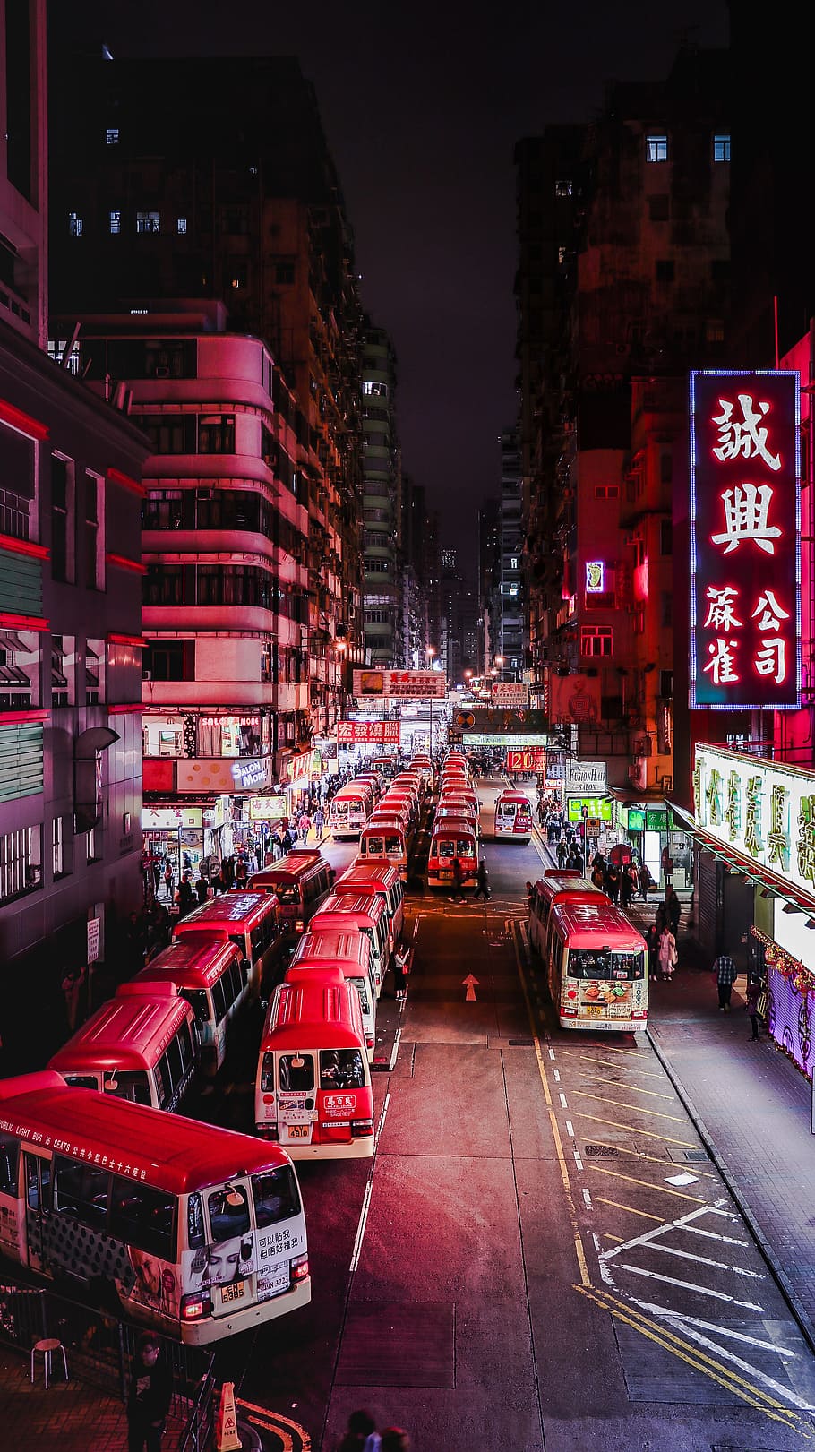 red and white bus, neon, traffic, busy, crowd, road, city, night
