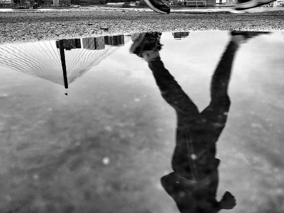 Hd Wallpaper: Man Walking On Road, Water, Reflection, Day, Nature 