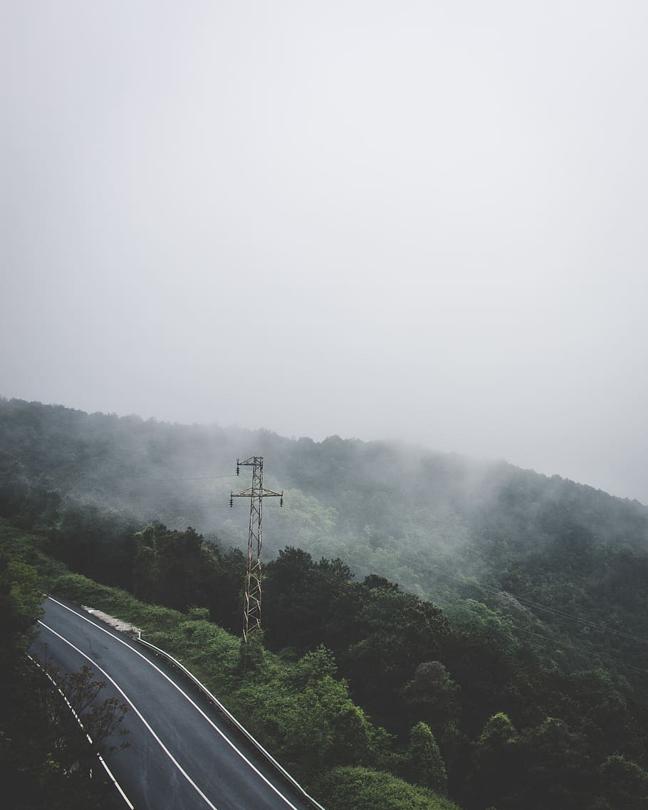 Gray Tower Near Tress and Road, asphalt, curve, daylight, electrical post HD wallpaper