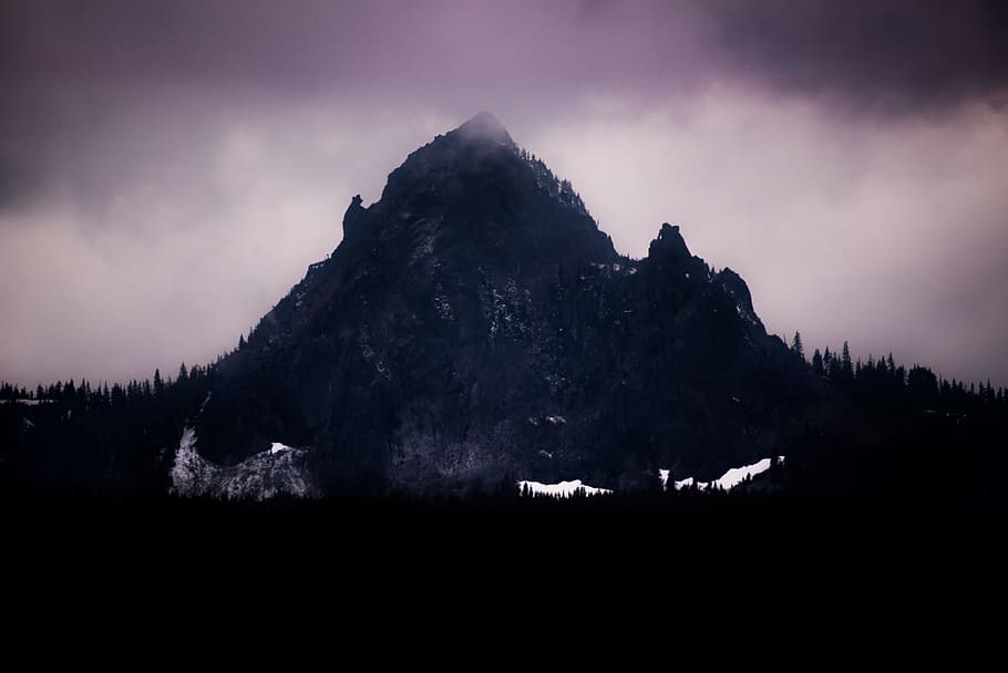 gray mountain at nighttime, cloud, peak, overcast, snow, purple HD wallpaper