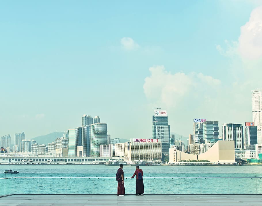 hong kong, wan chai, coast, sea, city, people, blue sky, harbour, HD wallpaper