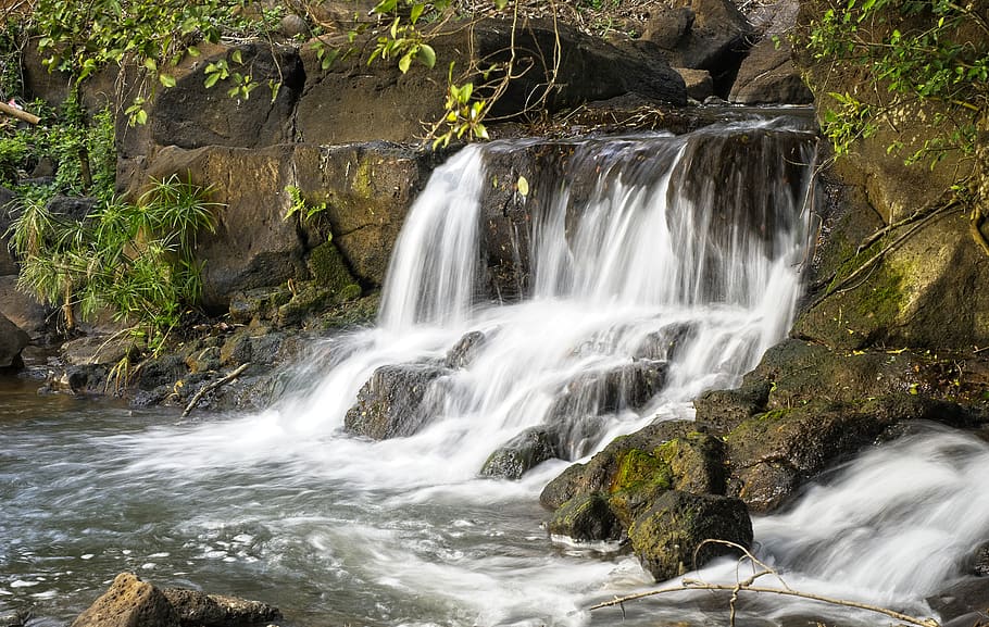 falls, stream, wild, waterfall, cascade, basalt stone, lava rocks HD wallpaper