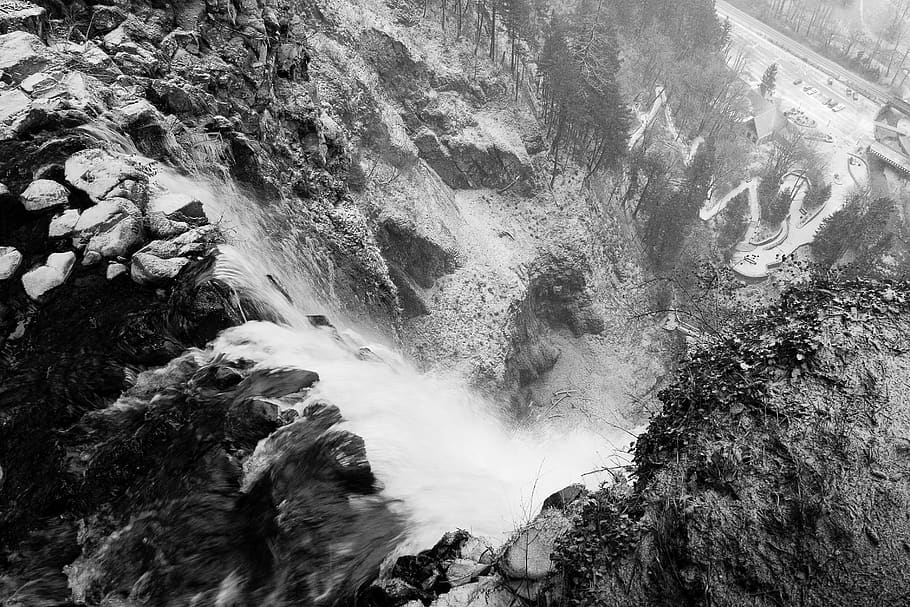 Aerial Photography of Falls, black and white, daylight, environment HD wallpaper