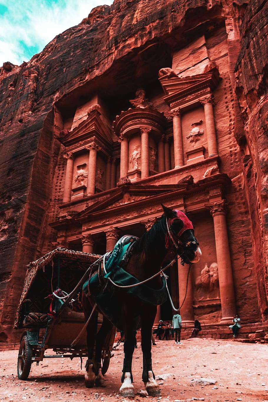 Black and Brown Horse Carriage Parked Beside Brown Temple, ancient HD wallpaper