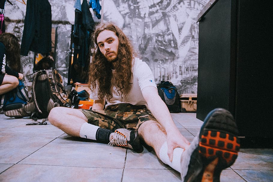 man stretching on floor, clothing, apparel, human, person, footwear HD wallpaper
