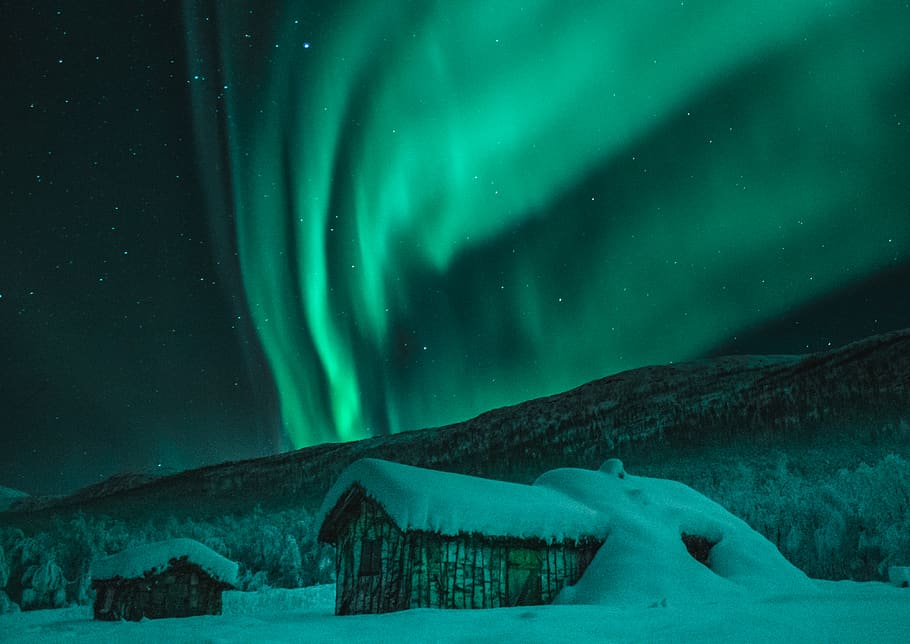 Aurora Borealis, cabin, night, northern lights, norway, snow