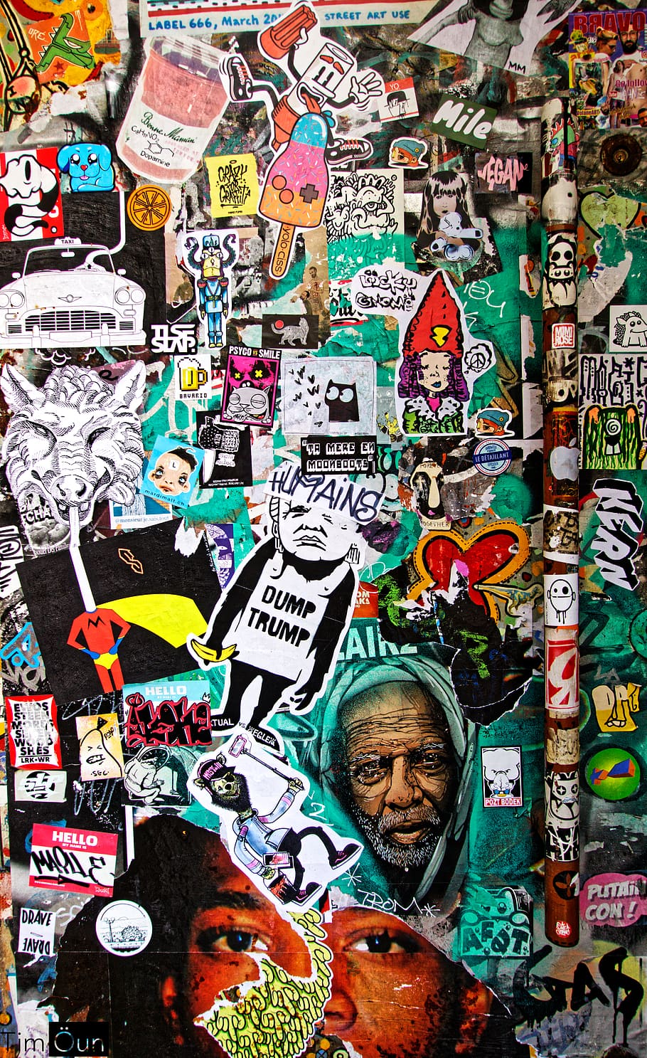 assorted stickers on wall, human representation, text, male likeness HD wallpaper