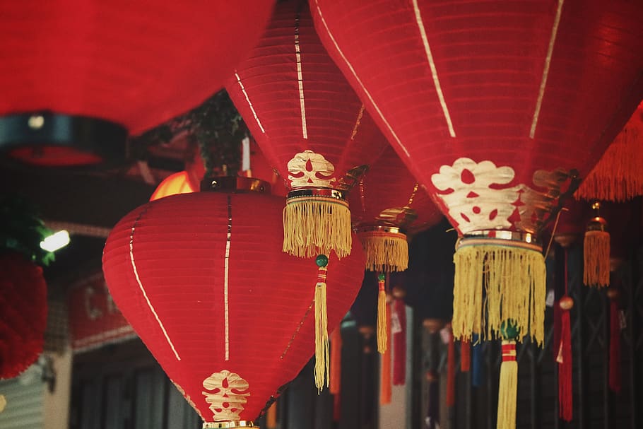 red lamp lot, lighting equipment, hanging, lantern, chinese lantern HD wallpaper