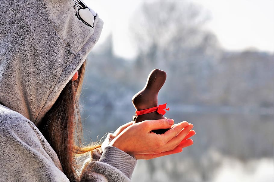 bunny girl, easter, chocolate, hare, warm in the palms of the hands HD wallpaper