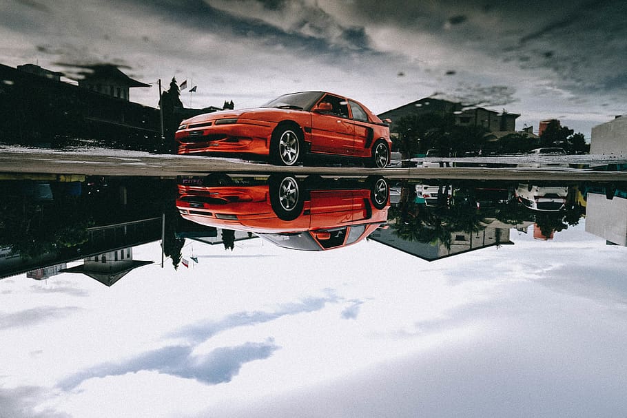 car, reflection, orange, rain, transportation, classic, snow HD wallpaper