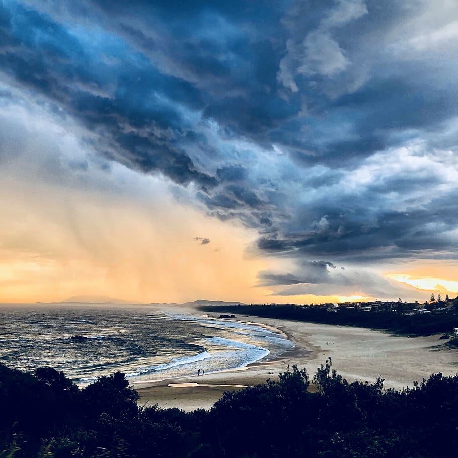 Beach Seashore, clouds, dawn, ocean, seascape, sky, storm, sunrise HD wallpaper
