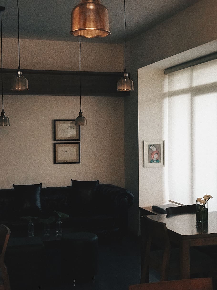 white pendant lamp, indoors, seat, chair, table, furniture, lighting equipment HD wallpaper