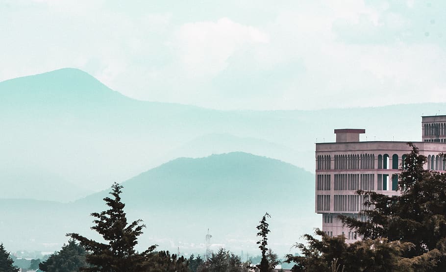 trees, build, landscape, sky, cloud, forest, mountains, hipster HD wallpaper