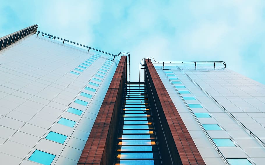 blue, sky, clouds, building, architecture, windows, low angle view HD wallpaper