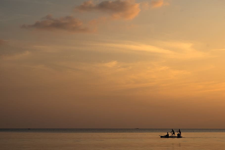 silhouette of people on boat, sea, india, water, coast, ocean