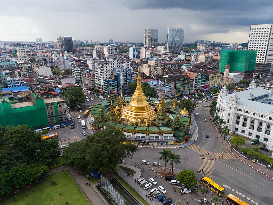 yangon, myanmar (burma), sule pagoda, city, landmark, aerial, HD wallpaper
