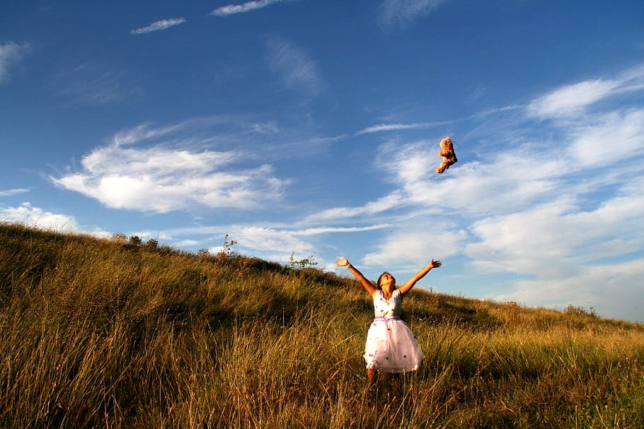 girl, pose, human, activity, hands, arm, sky, field, grass HD wallpaper