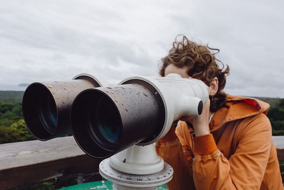 Girl looking in touristic binoculars, adventure, background, beautiful HD wallpaper