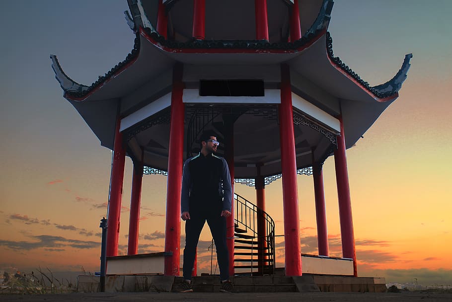 silhouette photo of man standing beside temple, person, human