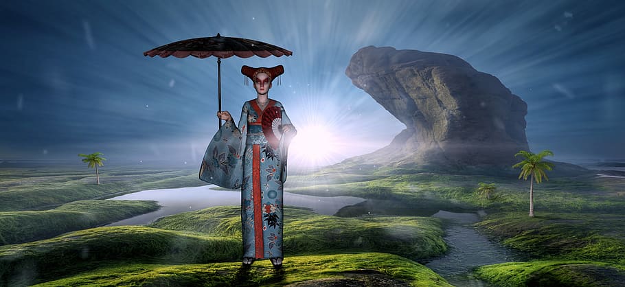 fantasy, memoirs of a geisha, woman, composing, fairytale, landscape