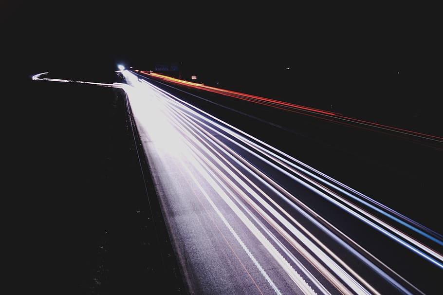 long exposure, time, dark, mood, light, car, light trail, illuminated HD wallpaper