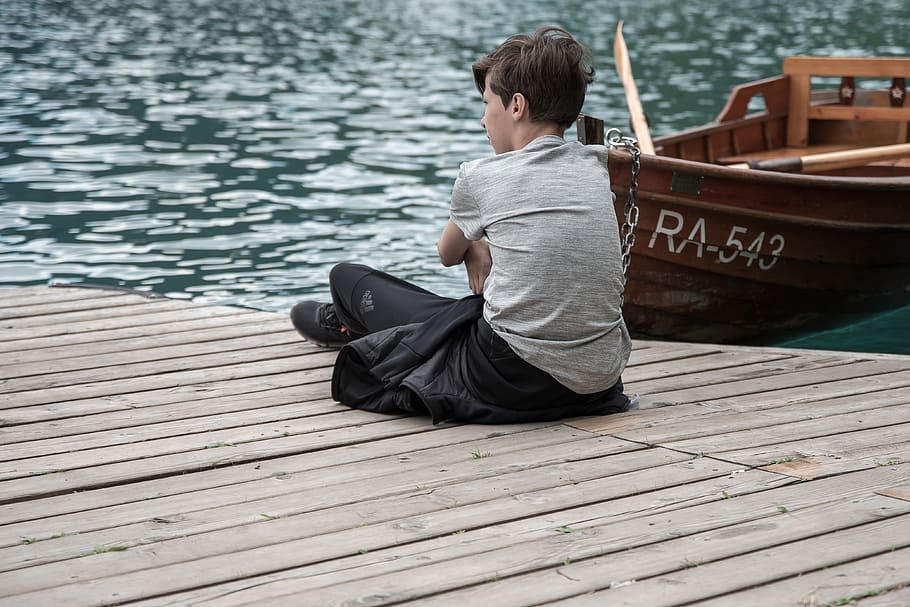 boy sitting on dock, boat, watercraft, transportation, vessel HD wallpaper