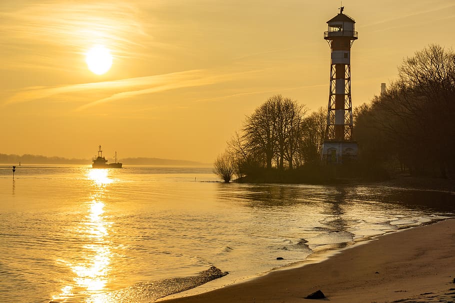 hamburg, elbe, lighthouse, water, elbe beach, sunset, ship HD wallpaper