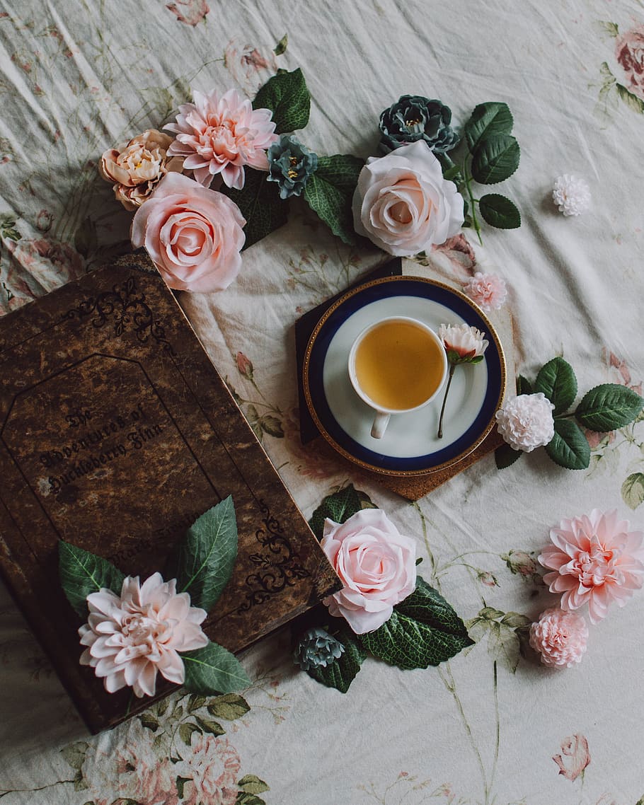 white teacup on plate surrounded pink roses, flower, book, leaf HD wallpaper
