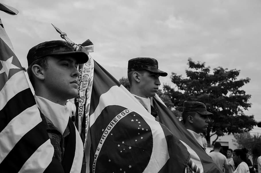 Monochrome Photo of Men Carrying Flags, black and white, group together HD wallpaper