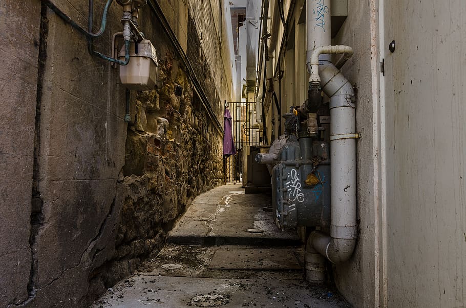 australia, newcastle, pipes, apron, alley, street, urban, decay