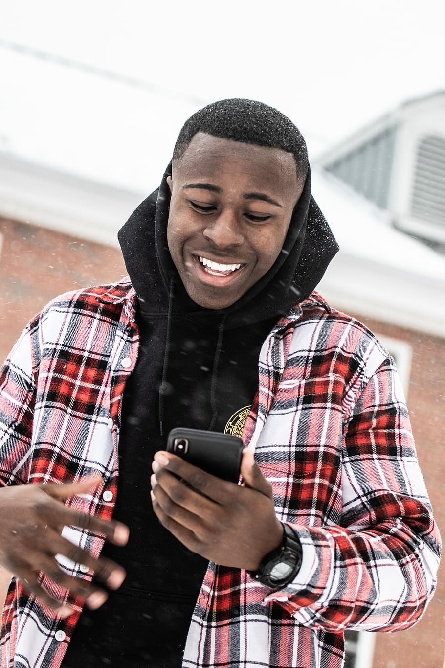 smiling man standing while using phone, apparel, clothing, human