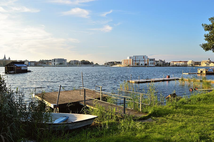 jönköping, sweden, boat, bridge, kulturhuset, day, nature HD wallpaper