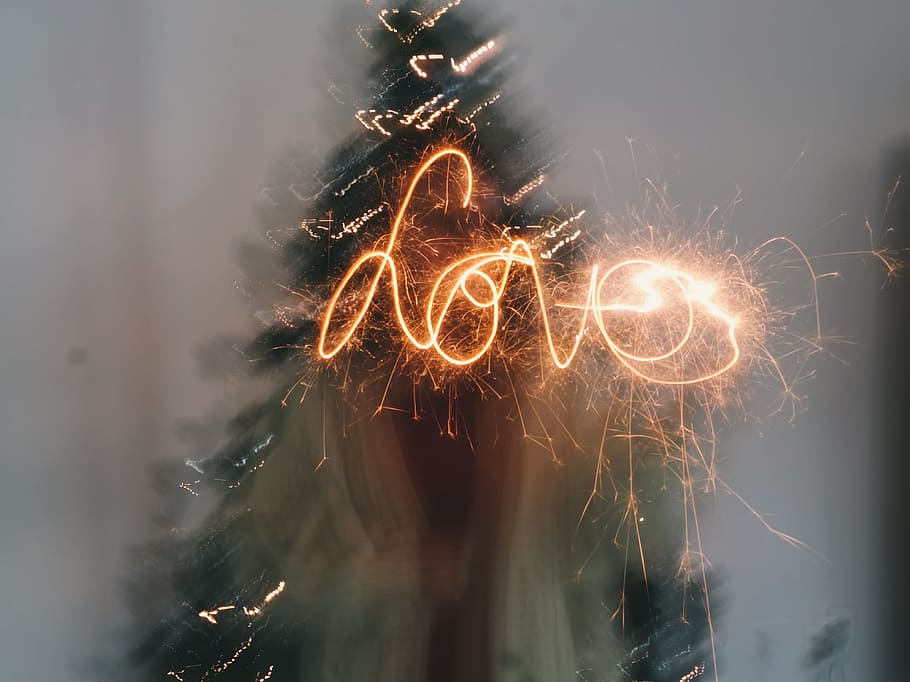 photo of orange lighted love illustration, window, glass, long exposure HD wallpaper