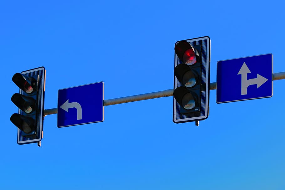 blue, sky, traffic, light, arrow, direction, sign, communication HD wallpaper