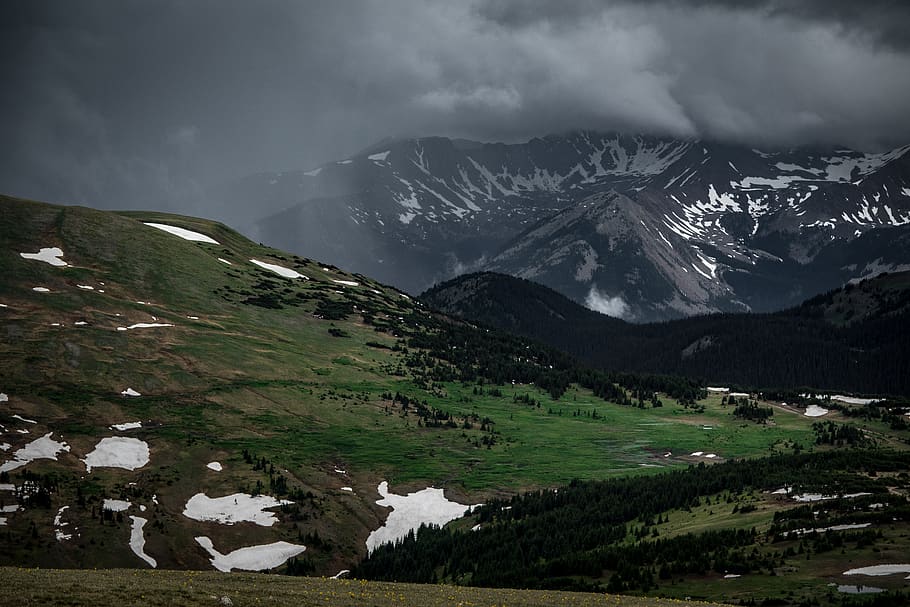 mountains, clouds, storm clouds, green, trees, forest, snow HD wallpaper