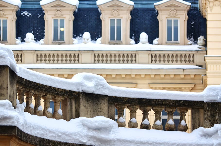 winter, snow, architecture, ancient, old, building, staircase, HD wallpaper