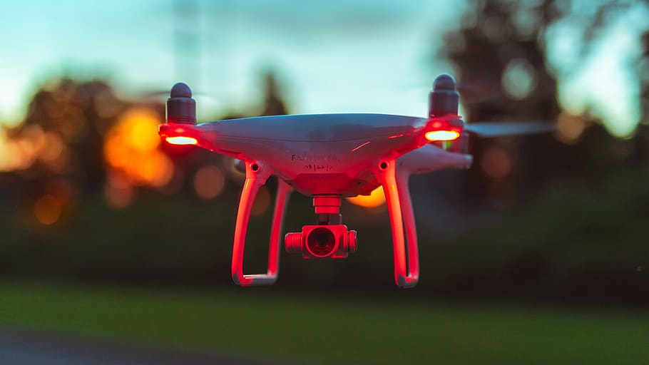 white quad copter camera drone, technology, no people, focus on foreground HD wallpaper