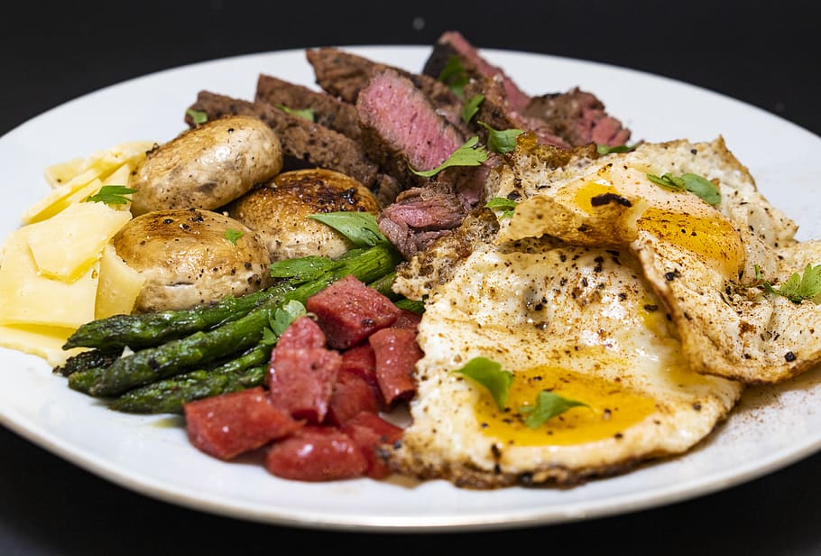 cooked food, dish, platter, meal, supper, dinner, steak, asparagus HD wallpaper