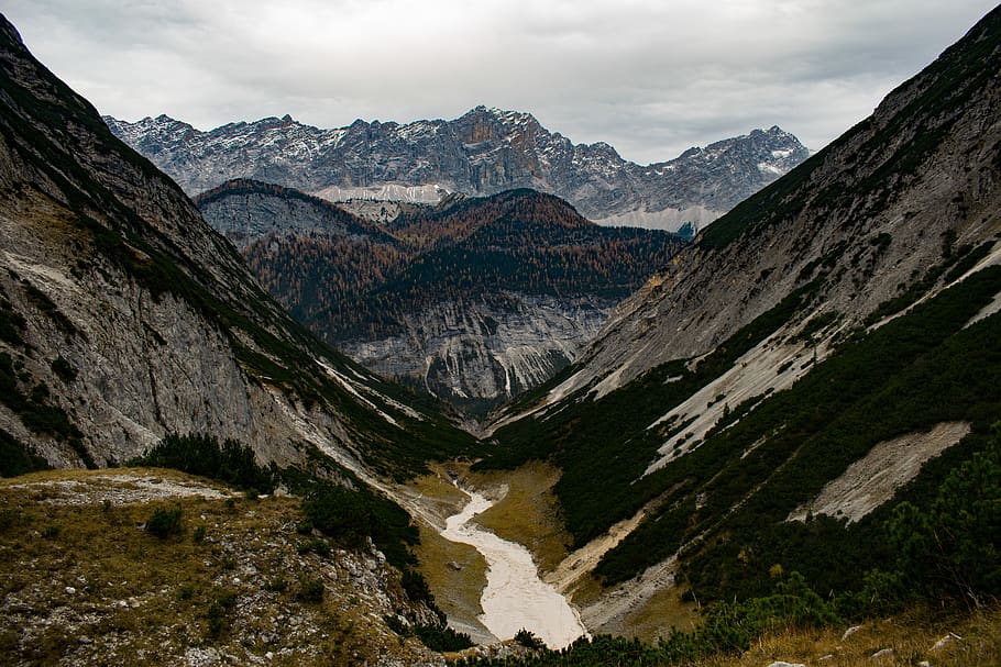 river between gray rocky mountains, valley, crest, outdoors, nature HD wallpaper