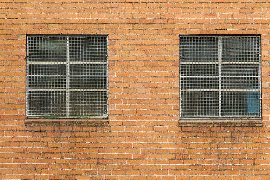 two glass panel windows, home decor, brick, wall, linen, curtain HD wallpaper