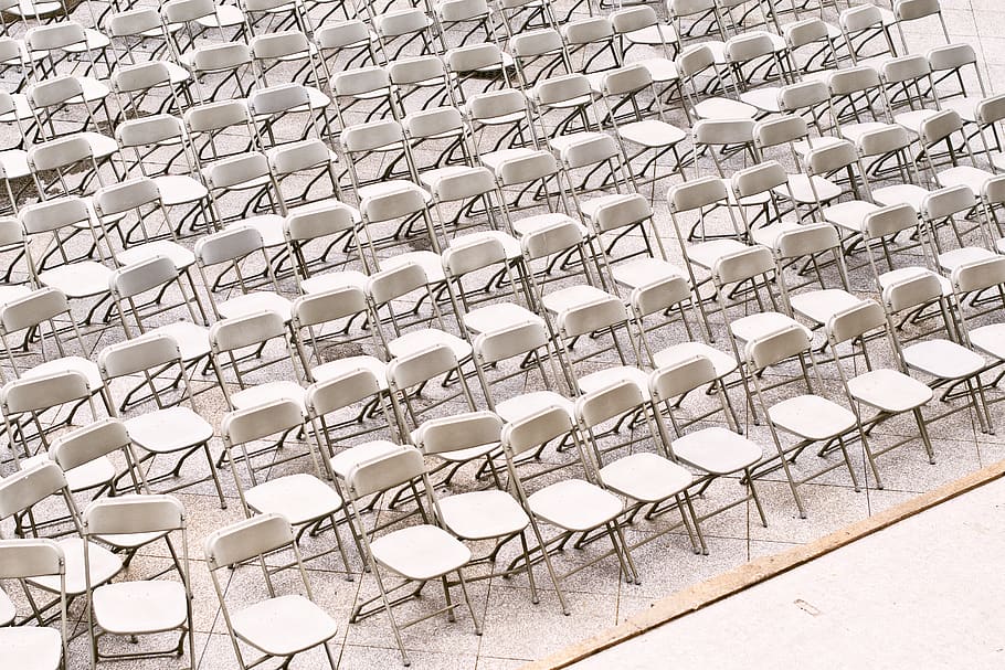 white folding chairs, in a row, seat, arrangement, absence, empty HD wallpaper
