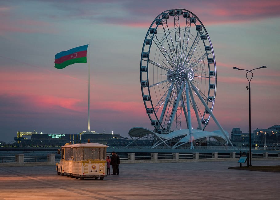 azerbaijan, baku, flag, ferris wheel, seaside, cityscape, evening