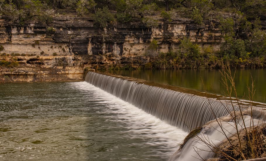 waterfall, landscape, river, dam, texas hill country, nature HD wallpaper
