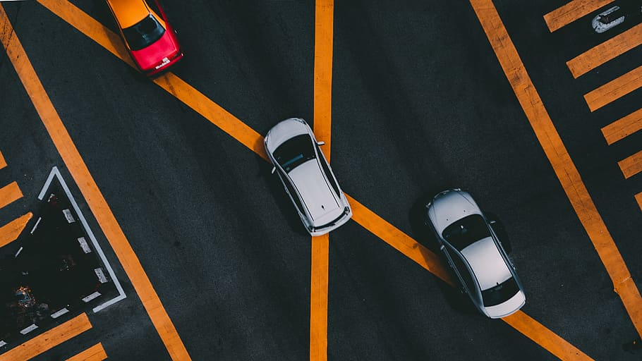 aerial photography of white car, drone view, aerial view, road