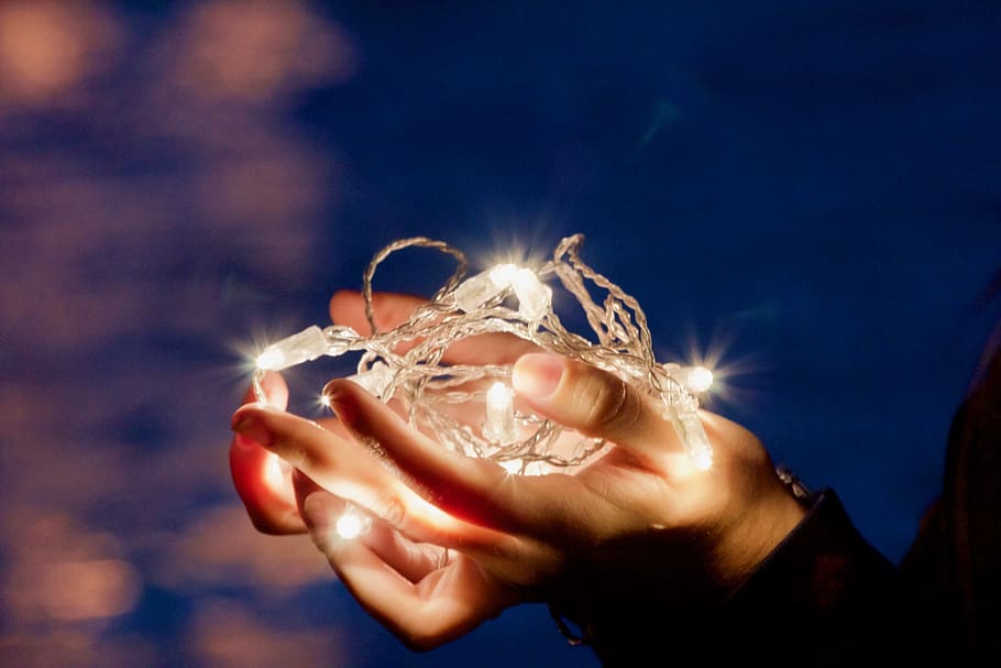 garland, hands, light, one person, holding, human hand, human body part HD wallpaper