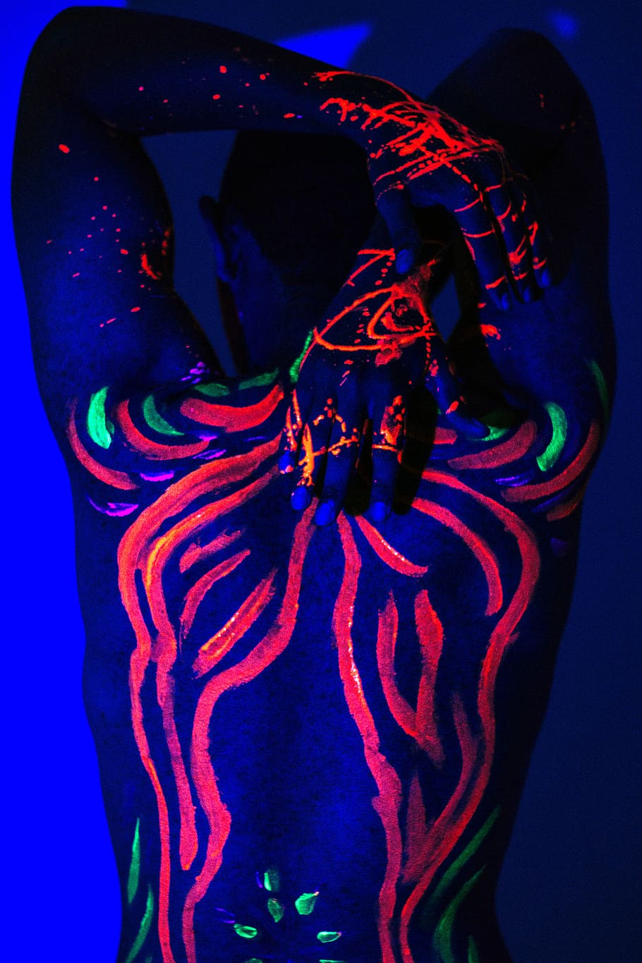 Person With Neon Body Art, back, back view, colors, colours, dark HD wallpaper