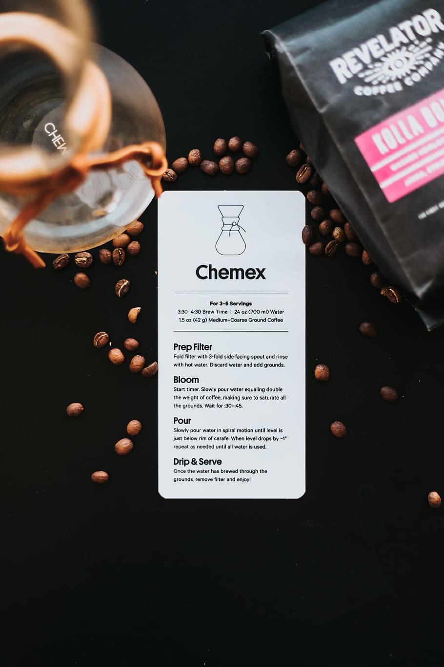 Chemex coffee label, instruction, jug, coffee bean, design, modern